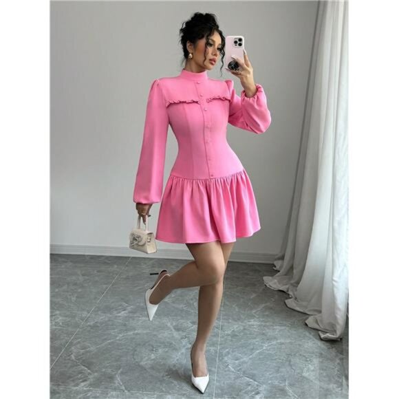 Women's Solid Color Stand Collar Lantern Sleeve Flounced Hem Button Design Dress - Picture 2 of 7